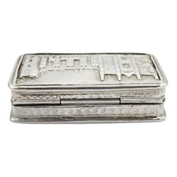 Early/mid 20th century silver 'castle top' vinaigrette, of rounded rectangular form with engine turned sides and base, the hinged lid decorated in relief with a view of Newstead Abbey, opening to reveal a gilt foliate pierced grille, hallmarked Nathaniel Mills, other marks worn and indistinct, approximate weight 24 grams