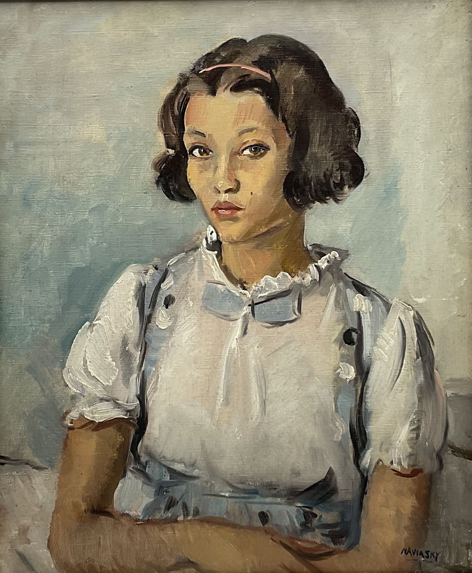 Philip Naviasky (Northern British 1894-1983): Portrait of a Girl in a White Dress, oil on canvas signed 59cm x 49cm
Provenance: Private American collection; with Grant Waters Fine Art, Angmering, West Sussex.