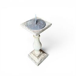 Composition stone sundial, square top with bulb pedestal, raised stepped plinth, lead dial...