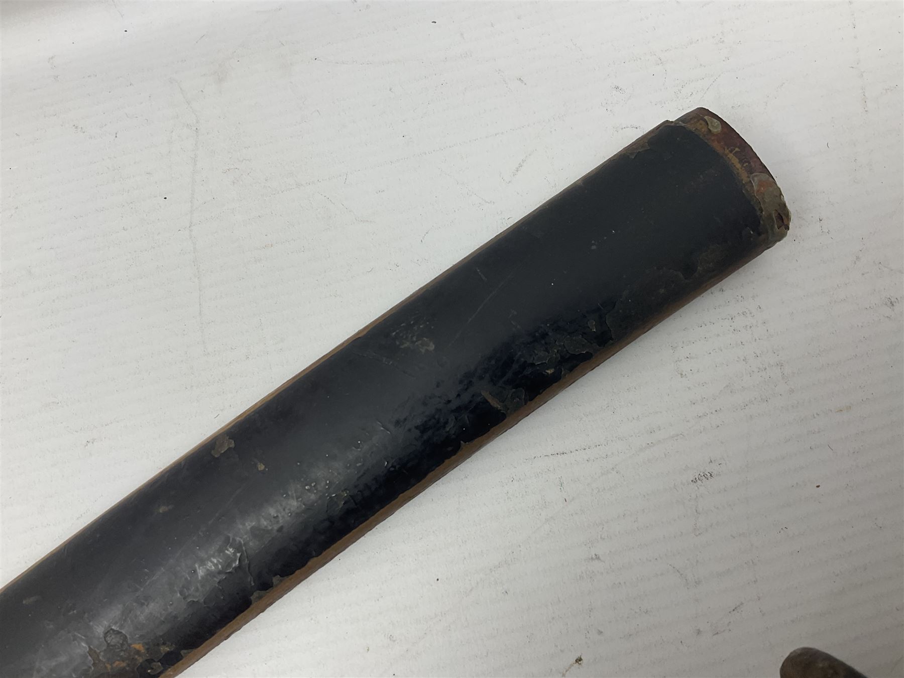 Good quality Japanese sword blade with later WWII fittings and scabbard  - 67.5cm slightly curving blade with unmarked tang, plain iron tsuba and lacquered grip with copper mounts; in lacquered wooden scabbard with tape bound tip L94cm overall