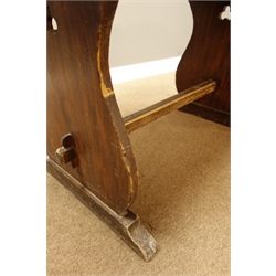  20th century rectangular mahogany table, shaped end supports with stretcher, (107cm x 69cm, H71cm), and a planked waxed pine top table on wrought metal Singer sewing machine base (110cm x 65cm, H76cm)  