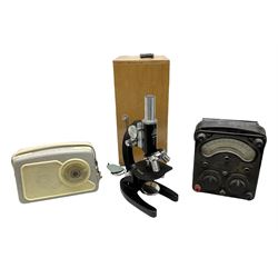 ASA Tokyo monocular microscope with black body, pitchfork base and wooden carrying box containing additional lenses No.47324 H29cm; Universal Avometer Model 8x Mk.III (Panclimatic); and Dansette 222 portable transistor radio (3)