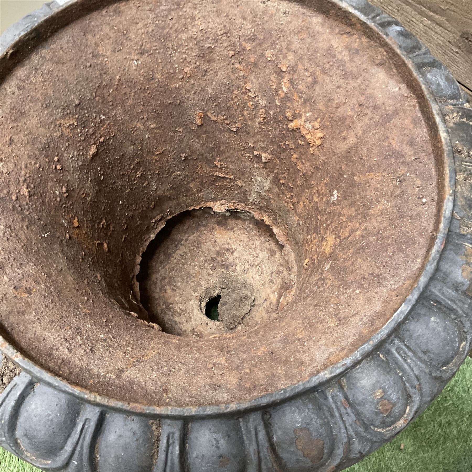 Pair of Victorian design ornate cast iron garden urns, painted in grey - THIS LOT IS TO BE COLLECTED BY APPOINTMENT FROM DUGGLEBY STORAGE, GREAT HILL, EASTFIELD, SCARBOROUGH, YO11 3TX
