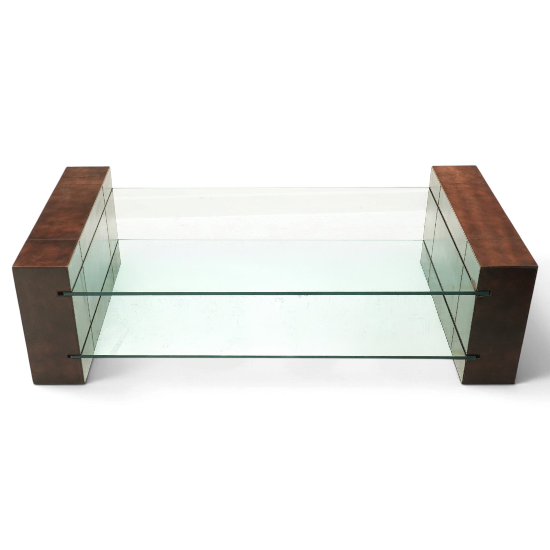 ML DS - Contemporary two-tier coffee table, brown leather-covered frame supporting a rectangular glass top and matching undertier
