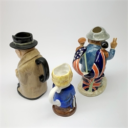 Three character jugs, comprising a limited edition Kevin Francis example modelled as Winston Churchill, modelled by Andy Moss, 138/750, a Royal Doulton example modelled as Winston Churchill, and a Roy Kirkham Pottery example modelled as Margaret Thatcher. 