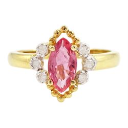 18ct gold padparadscha sapphire and diamond ring, single marquise cut sapphire of approx 0...