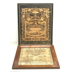 An early 19th century framed and glazed sampler, detailed with floral motifs and bands, religious text and building 'A View of Solomon's Temple', stitched by Jane Smiddey and dated October 31st 1834, H41cm, together with a framed and glazed religious pierced woodwork plaque detailed with the Lords Prayer. 