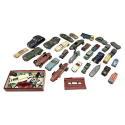 Various Makers - fourteen unboxed and playworn die-cast models including Wee-Kin Sunbeam Talbot, Corgi James Bond Aston Martin and ERF lorry, Dinky Thunderbolt Racing Car, Cadillac Eldorado, Cunningham C5-R, Lagonda etc; Minic tin-plate police car and jeep; other tin-plate models; Merit Plastic racing cars and quantity of spare parts etc