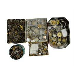 Large selection of dismantled clock wheels and pinions, watch movements, watch cases and spare parts, with an assortment of clock and other winding keys.