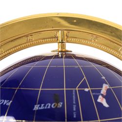 Semi precious stone set globe, blue ground, on a gimbal stand, H40cm