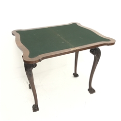 Early 20th century Georgian style figured walnut card table, shaped banded fold over top with baize lined interior, on four acanthus and scroll carved cabriole supports with ball and claw feet, W77cm, H76cm, D43cm