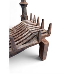 Victorian design cast iron fire grate with fire dogs, final over floral moulding and trefoil base