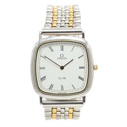 Omega gentleman's stainless steel quartz wristwatch, white dial with Roman numeral hour markers, on stainless steel bracelet and one other gold-plated and stainless steel, Ref. 1378, champagne dial with dot markers