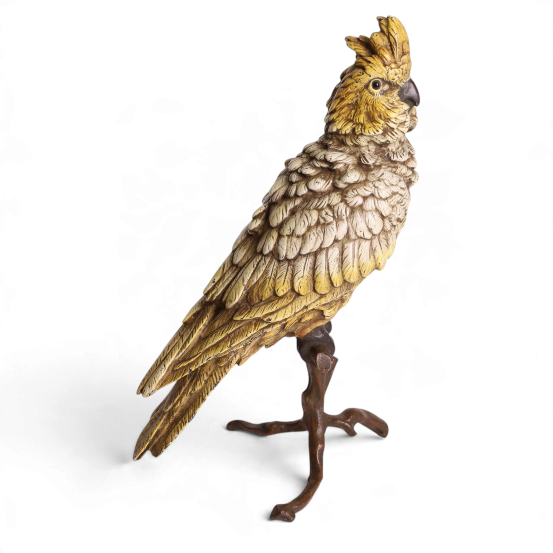 After Franz Bergman cold painted bronze model of a Cockatoo on a on a naturalistic perch base, bears stamps 'Geshutzt', H31cm