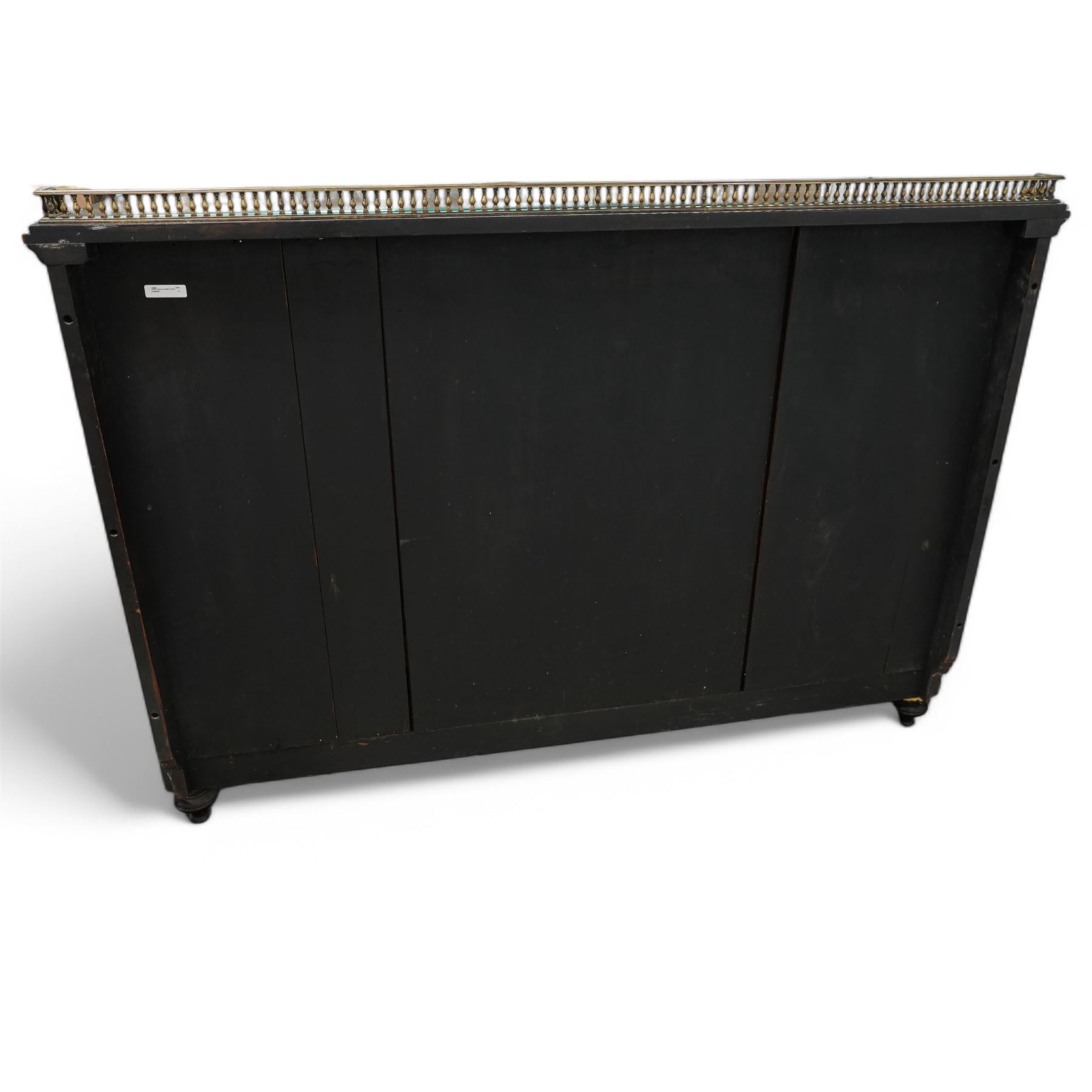 Victorian amboyna and ebonised credenza with glass top, the freeze fitted with two Wedgewood plaques and brass beading above crossbanded arched glazed mirror door flanked by two glazed cabinet doors with two removable glass shelves between four gilt brass reeded floral columns, supported on bun style feet