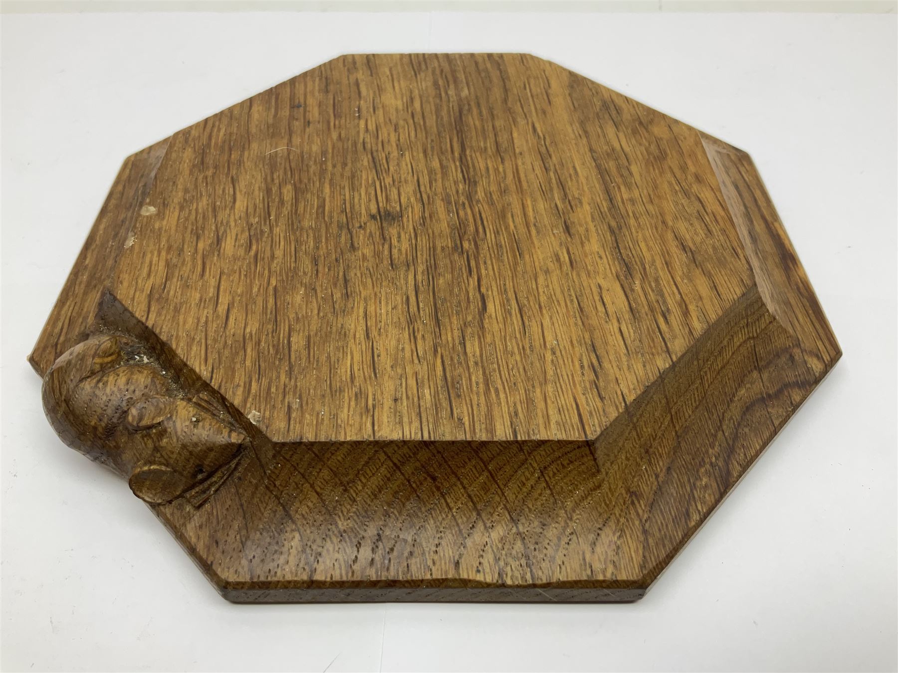 Mouseman - oak octagonal chopping board or teapot stand, moulded edge carved with mouse signature, by the workshop of Robert Thompson, Kilburn