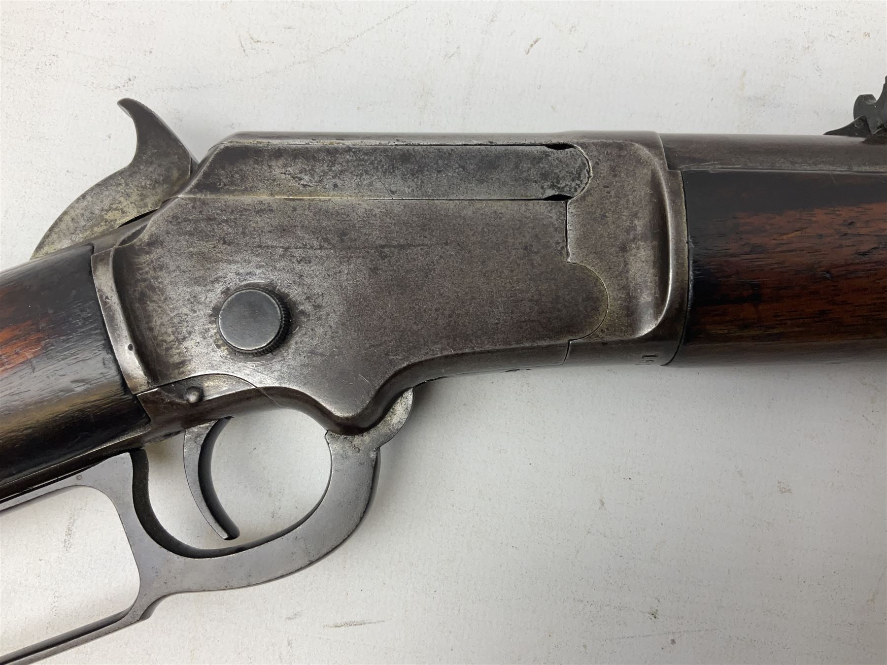 Marlin Firearms Co. USA 'Safety' .32 rim-fire rifle dated 1892, the 61cm barrel with magazine tube under, walnut stock with under lever cocking and crescent butt plate, serial no.153534, L103.5cm