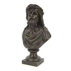 After Jean Bulio (French 1827-1911): bronze bust, modelled as Christ wearing crown of thor...