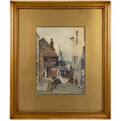 Thomas Swift Hutton (British 1860-1935): 'Tin Ghaut - Whitby', George Percy Bankart (British 1866-1929): ‘River Esk at Whitby’, Edith F Hillier (British 19th/20th Century): ‘The Market Place – Whitby'; together with other Whitby related watercolours variously signed and titled max 36.5cm x 26.5cm (6)