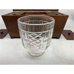 Walnut tea caddy of sarcophagus form, two division lidded interior with a later glass mixing bowl, upon four brass bun feet together with a walnut sewing box with mother of pearl inlaid decoration, tea caddy H16cm