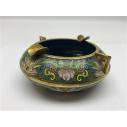 20th century Chinese cloisonne enamel smoking set, comprising two ashtrays, box and tray, with floral and foliate scrolling on green ground