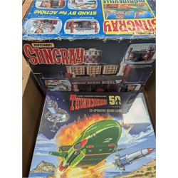 Gerry Anderson interest collectables and toys, including Carlton Thunderbirds Tracy Island, Matchbox Stingray Marineville Headquarters, both boxed, Matchbox carded Thunderbirds and Stingray figures and vehicles, Captain Scarlet and Joe90 collectables, etc