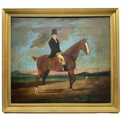 English Naive School (Early 19th century): Portrait of Regency Gentleman in Hunting Attire Mounted on a Chestnut Gelding, oil on canvas unsigned 57cm x 66cm