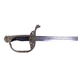 French 1837 pattern officers sword, 70cm single edged blade, with pierced brass hilt, ribbed grip, with brass mounted leather scabbard, L85cm