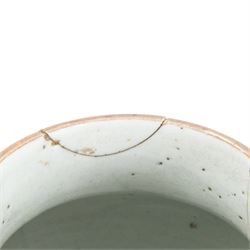 17th century Transitional period Chinese Wucai vase and cover, of baluster form, the body painted with ladies upon a terrace, and figures upon horseback and attendants within a fenced garden, the domed cover with knop finial painted with boys at play, H37cm
