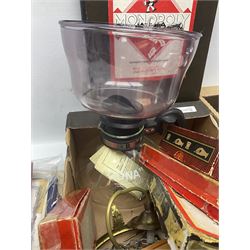 Piquot ware tea set, together with brass candlesticks, fireside tools and other collectables, in two boxes  