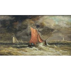 Ronald Cavalla (British 1940-): Fishing Boat in Choppy Seas, oil on signed 11cm x 18cm