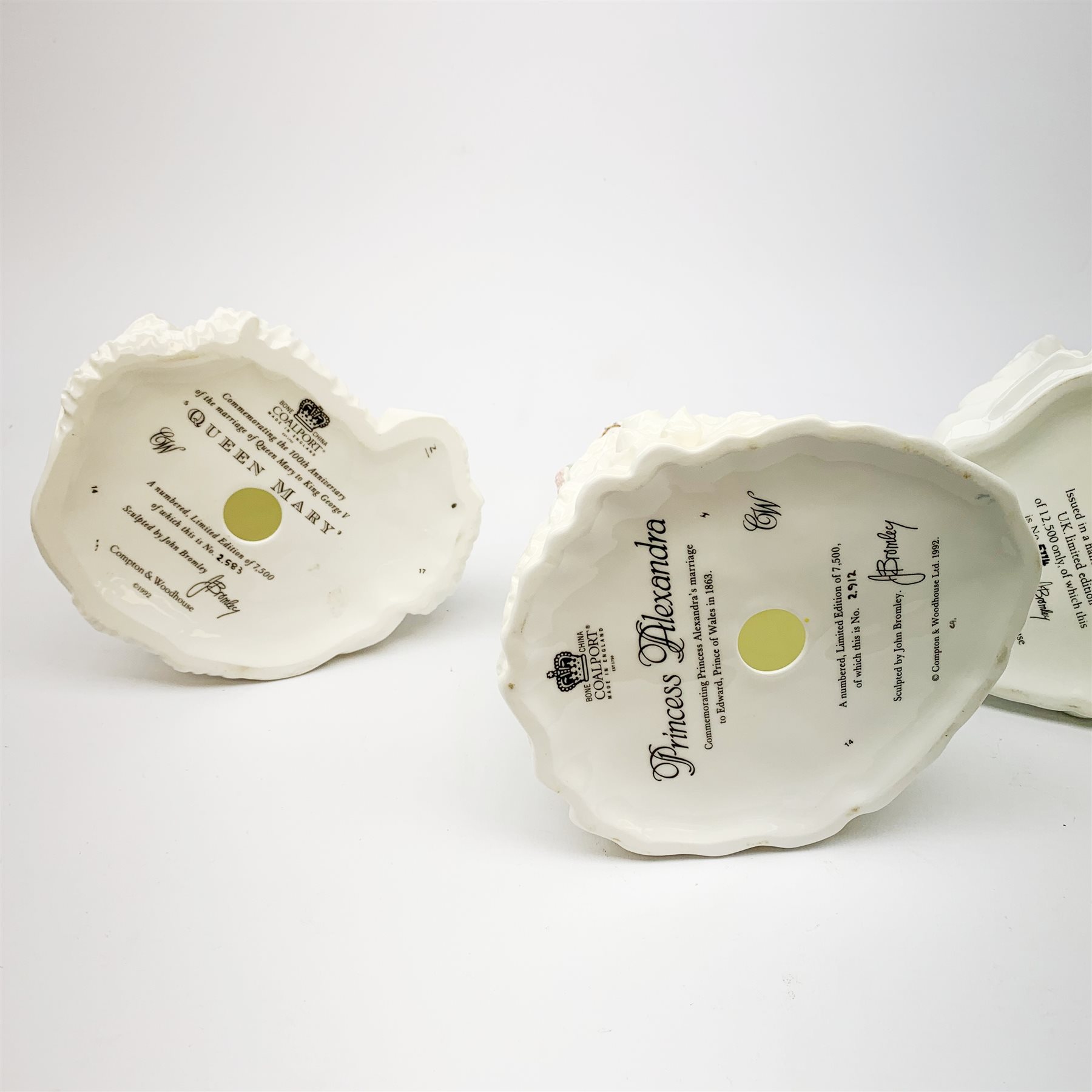 A group of four limited edition Coalport figurines, comprising Diana Princess of Wales, 5114/12500, with accompanying certificate, The Queen, 3979/7500, with accompanying certificate, Princess Alexandra, 2912/7500, and Queen Mary, 2583/7500. 