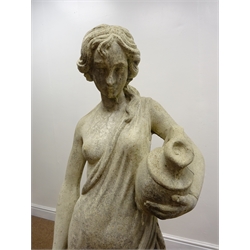  Composite garden statue of a part naked female carrying jugs, on circular base, H130cm    