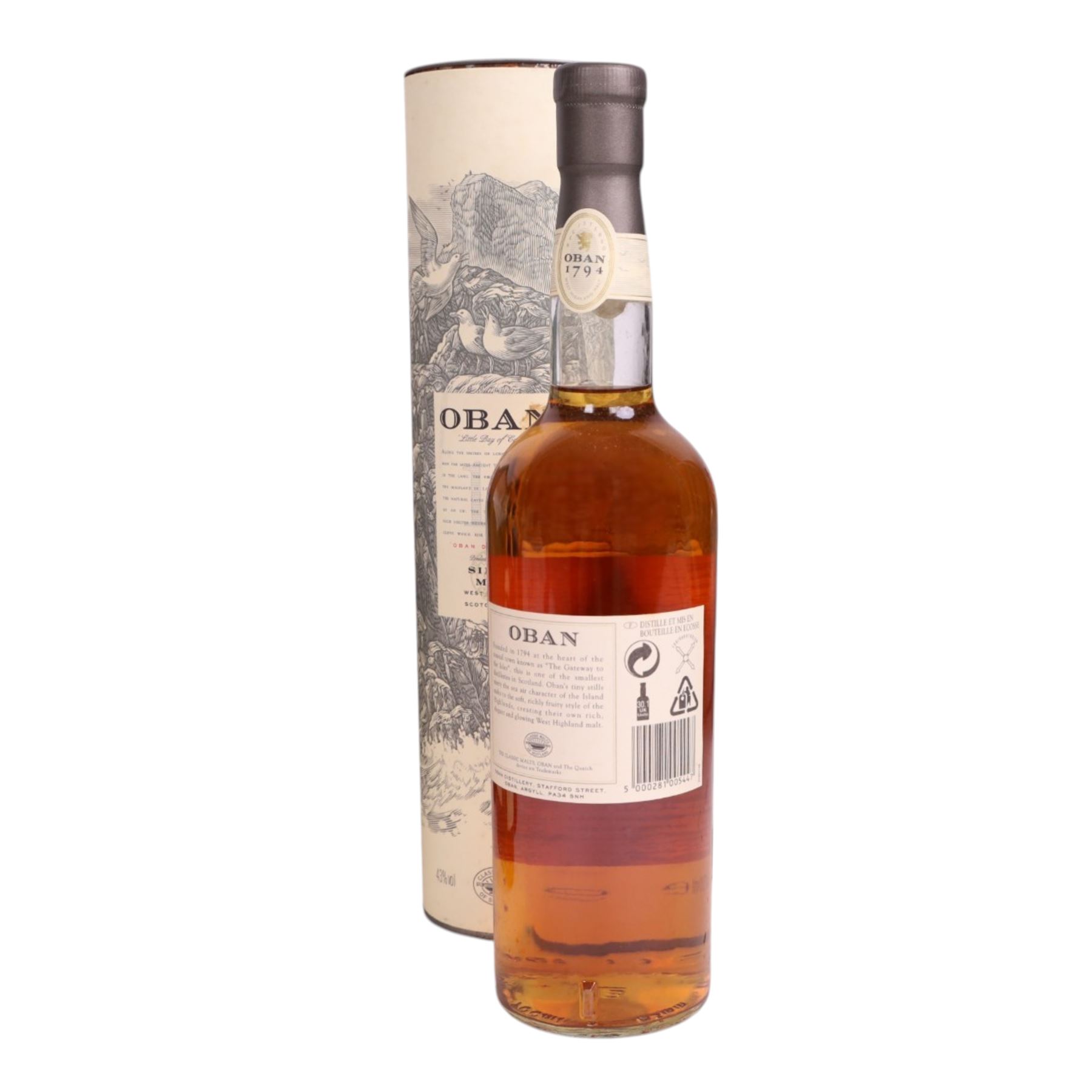 Oban, 14 year old, single malt scotch whisky, Glen Moray single speyside malt scotch whisky, Fettercairn1824 12 year old single malt scotch whisky and gift set of the The Classic Malts, various contents and proof 