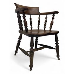 Victorian elm captains smokers bow chair, spindle turned tub shaped back, saddle seat, seat height 41cm