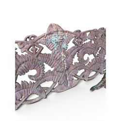 Victorian naturalistic design heavy cast iron garden bench, well defined fern pattern curved back-rest with arms, lacking seat slats for restoration
