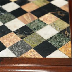 Regency style late 19th century mahogany and Italian specimen marble top console table, rectangular top inlaid with a chequered arrangement of various coloured marbles within a mahogany border, above a plain frieze raised on bold acanthus carved scroll supports over a concave plinth base
