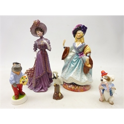  Janus Pottery Peggy Davies figure of 'Sarah Siddons', James Skerret (Worcester artist) figure of an Edwardian lady, G. Bartley anthropomorphic figure of a hippopotamus artist and two others (5)  