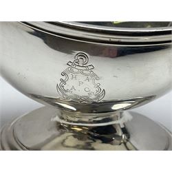 Christofle silver-plated sauce boat, of typical plain form, with capped C scroll handle and engraved anchor crest to body, upon a stepped oval foot, stamped 22 Christofle to base, including handle H14cm