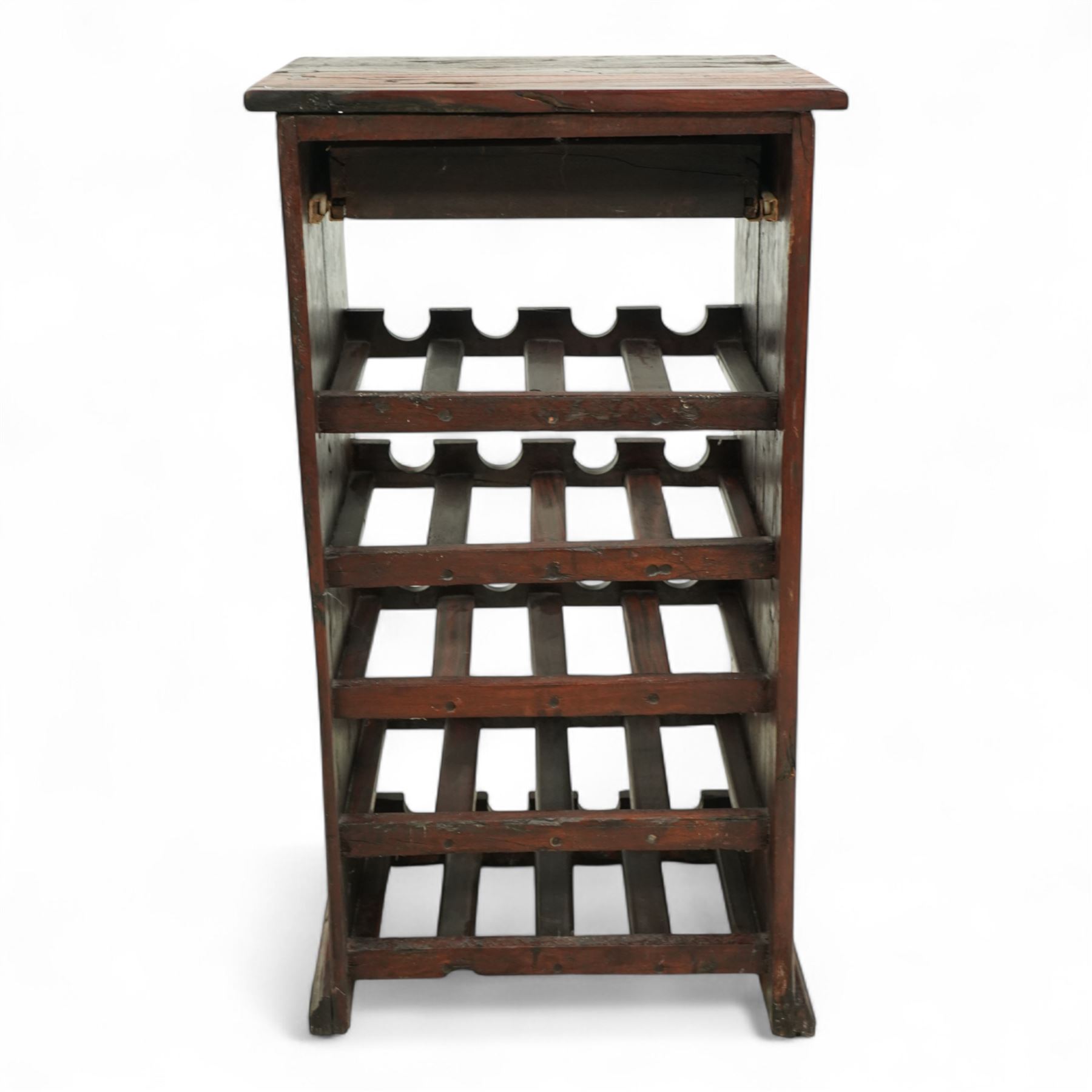 Contemporary hardwood rustic pine wine rack, rectangular top over five slatted tiers with shaped bottle apertures, open sides and plinth base