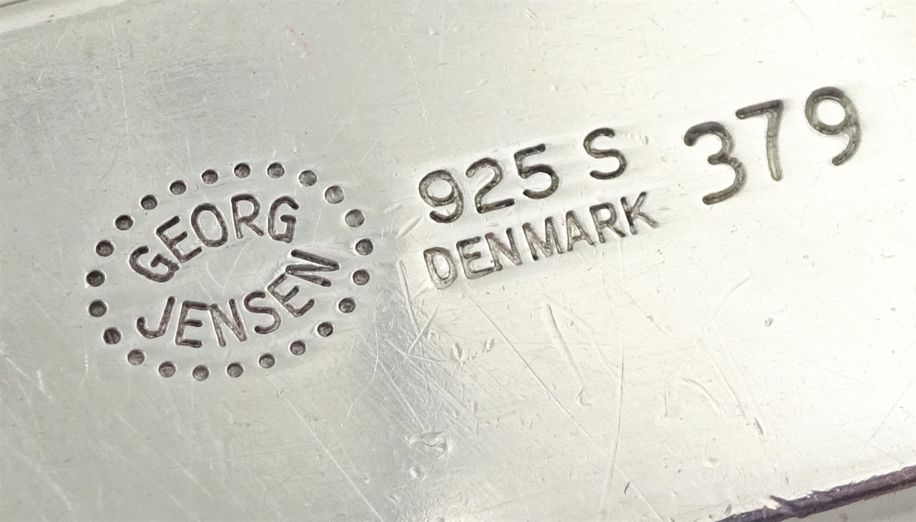 Georg Jensen silver geometric pendant necklace, with T-bar clasp, designed by Astrid Fog, No. 379, London import mark 1973, boxed