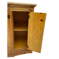 Pine break-front side cabinet, fitted with marble top, four drawers and two cupboards, iron handles