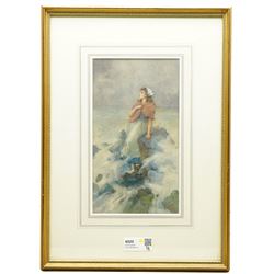 Janet Lewis (British 19th century): Maiden Looking out to Sea, watercolour signed and dated 1893, 34cm x 19cm
