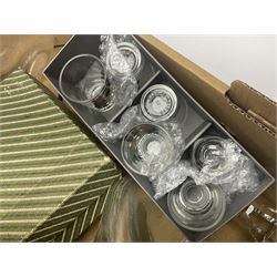 Dartington Crystal glass flower bowl, together with four similar smaller examples, two Orrefors glass bowls, collection of glass decanters, including Dartington and painted example, etc