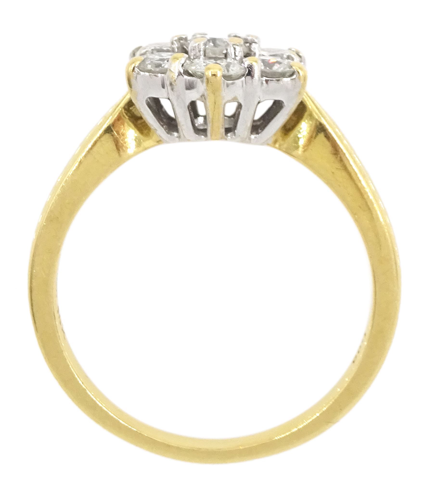 18ct gold seven stone round brilliant cut diamond flower head cluster ring, hallmarked, total diamond weight 1.00 carat