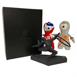 Royal Doulton London 2012 Olympics matt black stylised figure of a gymnast, in box, together with two stuffed mascots