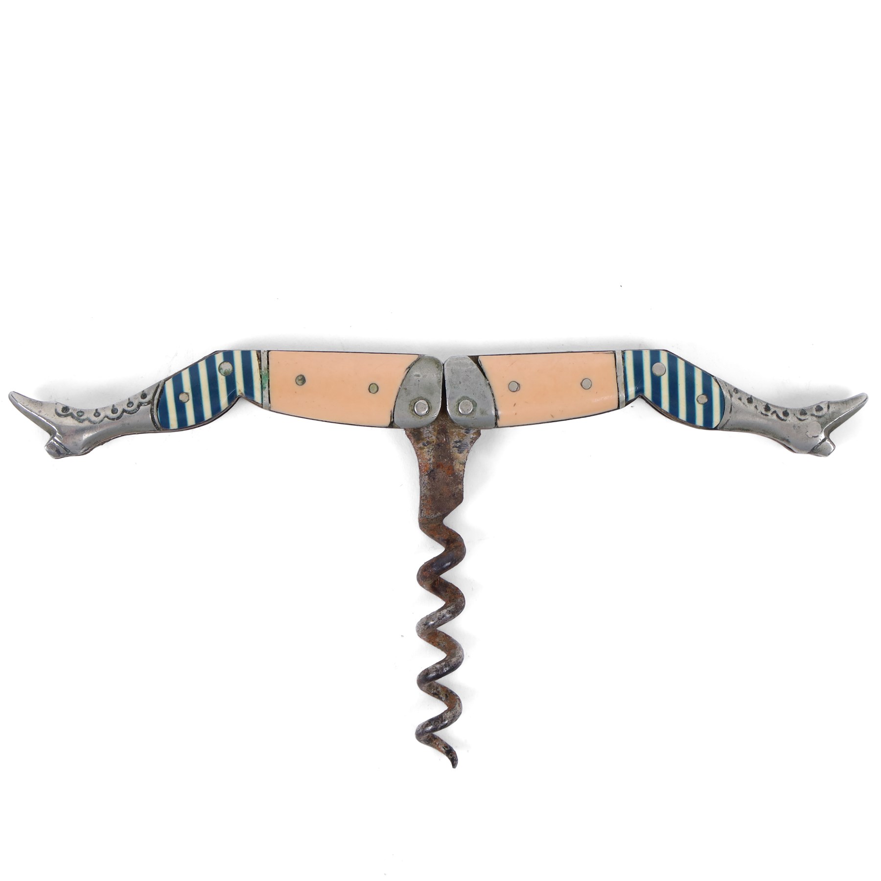 19th Century German novelty folding Corkscrew in the form of a pair of ladies legs in blue and white stockings, H7cm