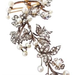 19th century gold and silver diamond and pearl en tremblant detachable brooch, the flower tremblant with a principal old cut diamond of approx 1.90 carat, the petals and stamen set with old cut and rose cut diamonds, total diamond weight approx 9.10 carat, to a foliate spray set set with further rose cut diamond and white / pink / cream pearls and ribbon tie