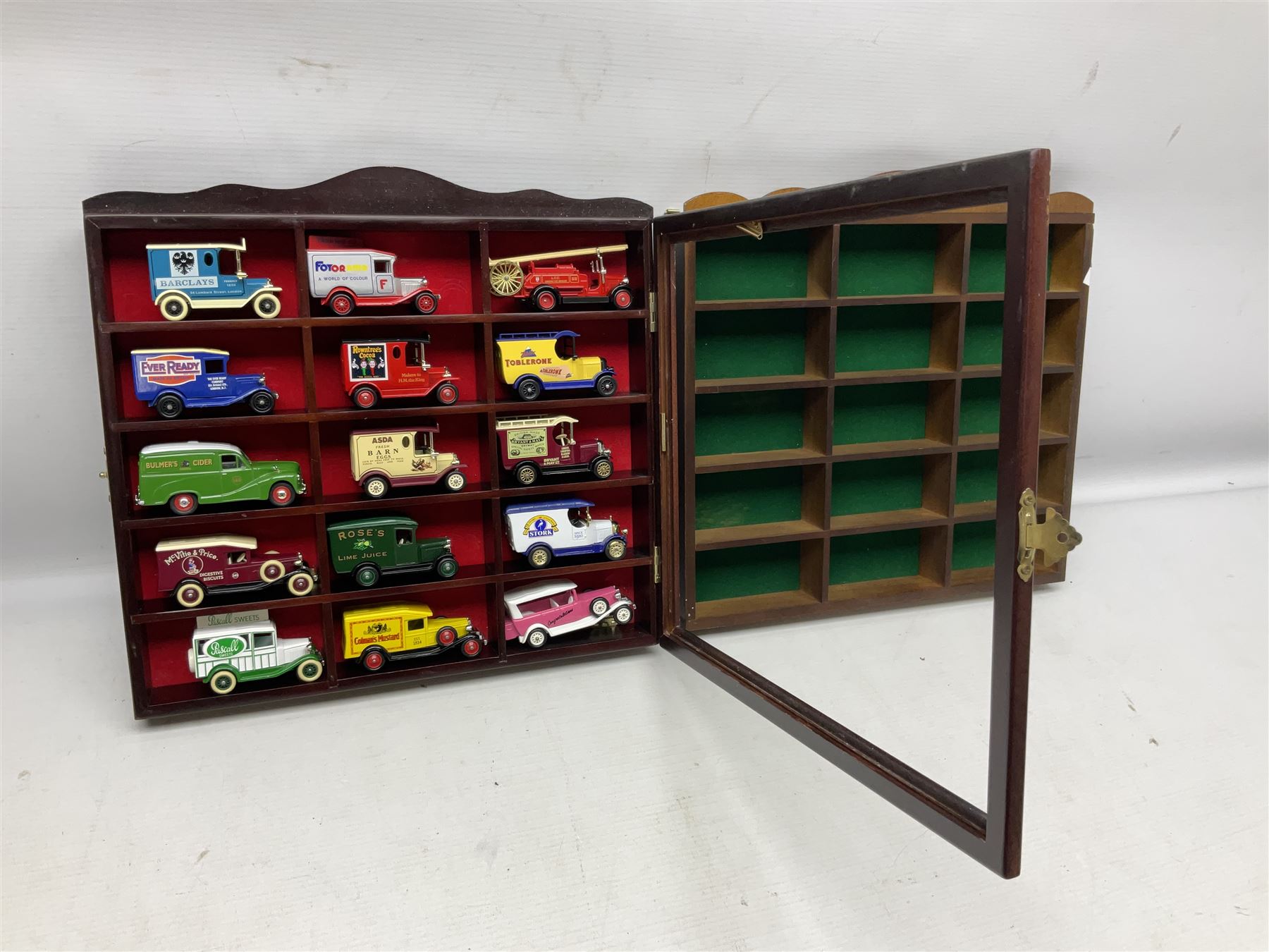Collection of die-cast vehicles to include Corgi, Dinky, Lledo and Days Gone, housed in six wood display units