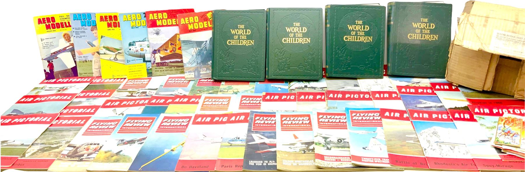 Collection of 1960's Aviation Magazines :Aero Modeller (6), Flying Review (14) Air Pictorial (28) and a set of The Word of the Children by Stuart Miall, pub.1953 in original Caxton Publishing Box postage box
